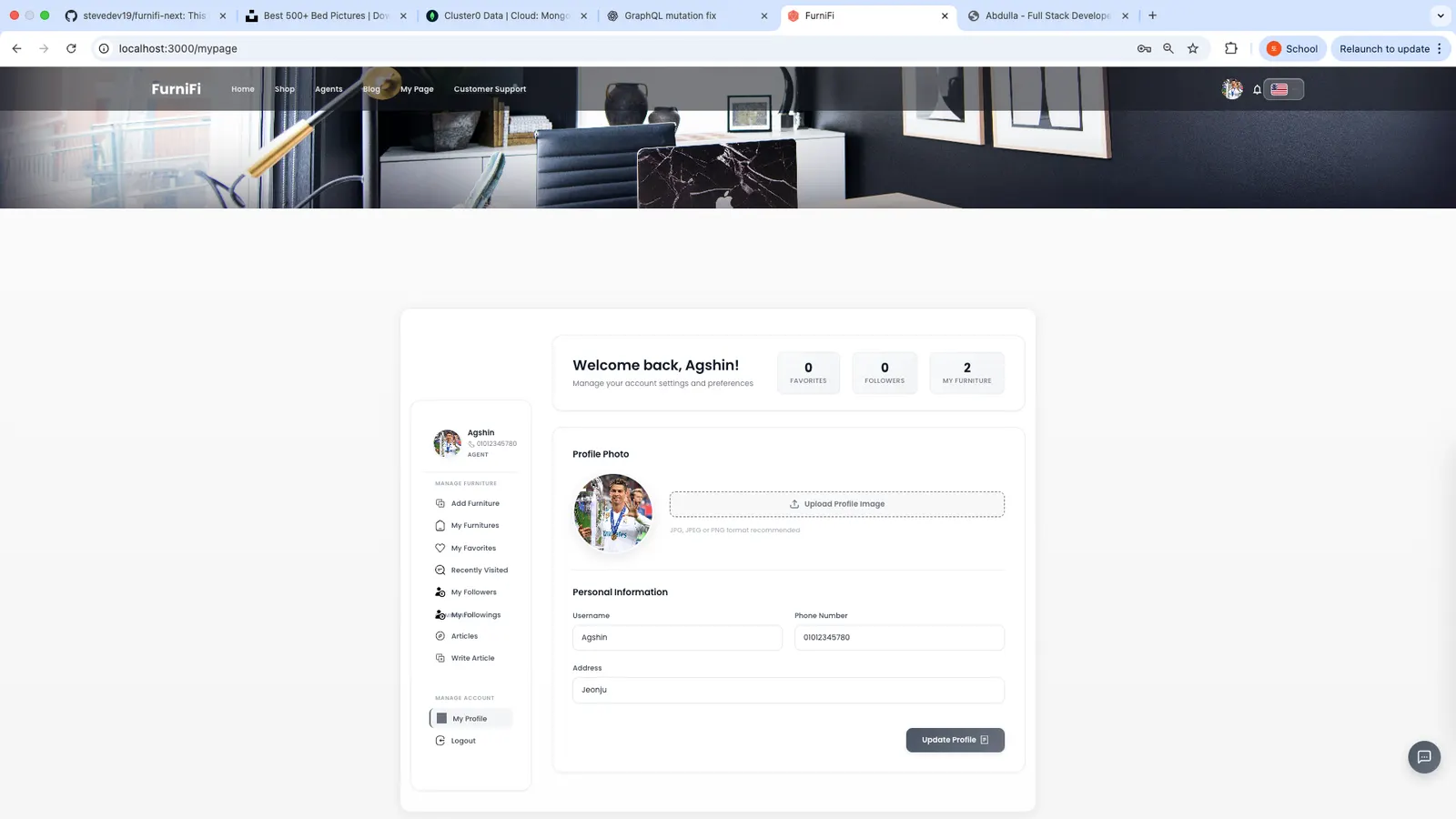 My page: favourites, orders, products and followers for agents