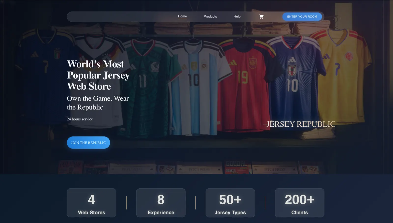 Jersey Republic 스토어 메인 화면 — 옷걸이에 걸린 축구 유니폼