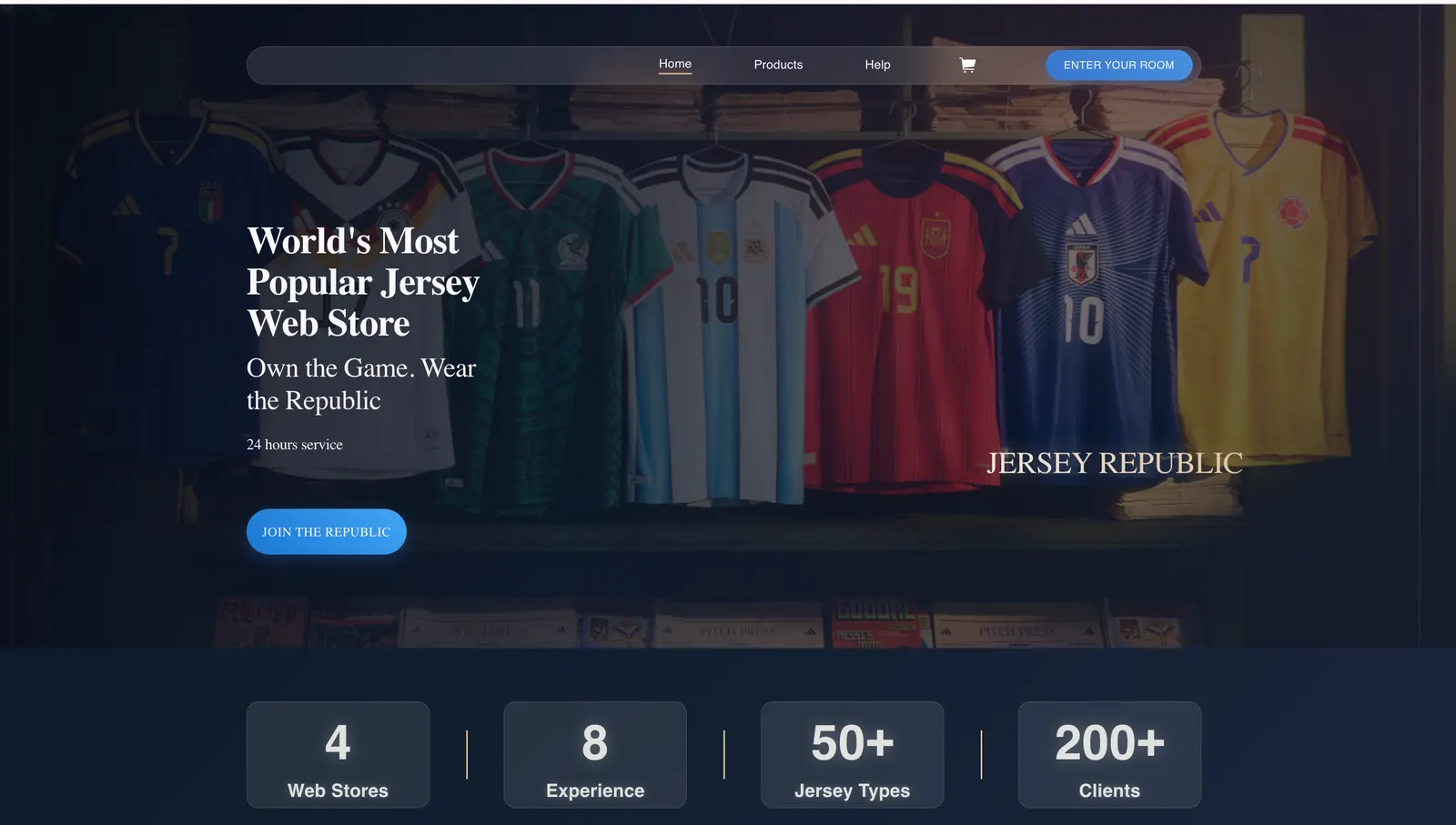 Homepage with featured jerseys