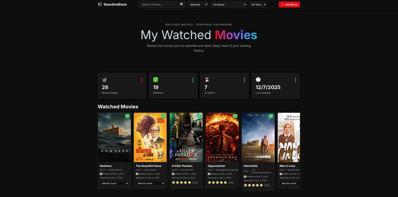Watched films with ratings and reviews